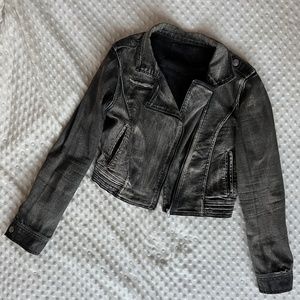 Grey Cropped Moto Style Denim Jacket